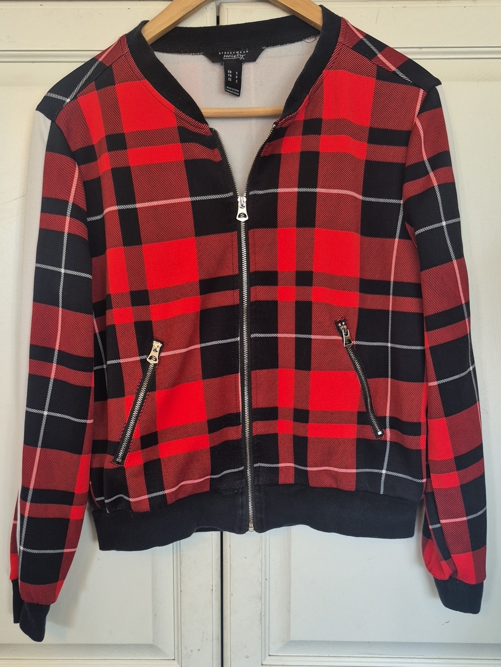 Streetwear Society Red and Black Plaid Bomber Jacket